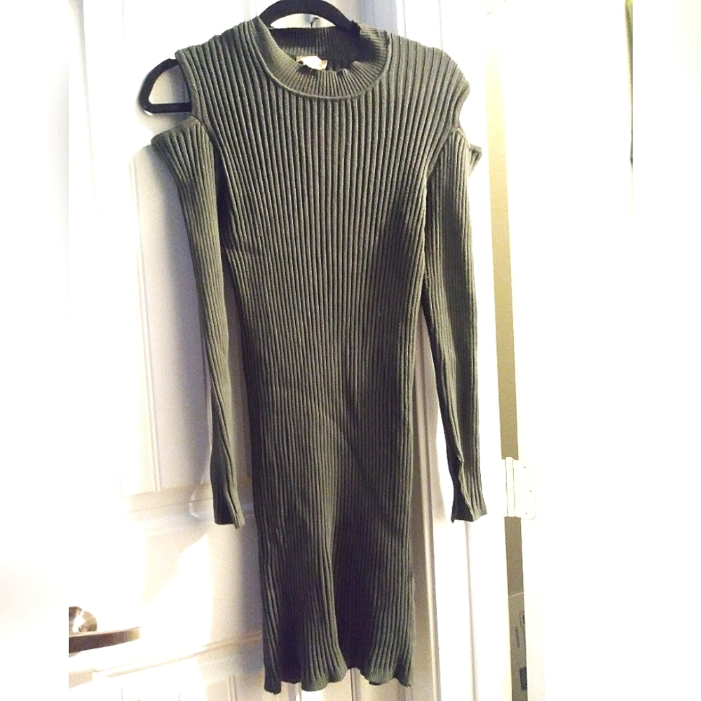 Cold Shoulder Bodycon Ribbed Knit Turtle Neck Sweater Dress